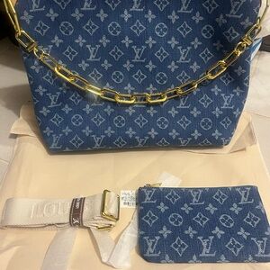 Louis Vuitton Denim Blue Monogram Shoulder Bag with Gold Chain